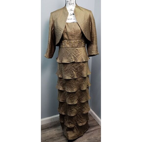 R&M Richards 2 Piece Set Shimmer Dress & Bolero Jacket Women's 10 Green Back Zip - Picture 1 of 14